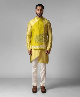 Wagle green embroidered satin kurta jacket set 1