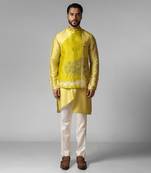 Wagle green embroidered satin kurta jacket set