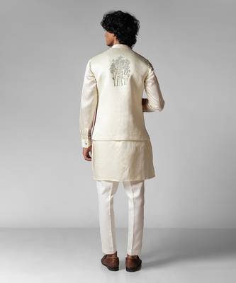 Ruby red embroidered satin kurta jacket set 4