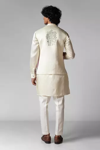 Ruby red embroidered satin kurta jacket set