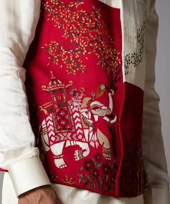 Ruby red embroidered satin kurta jacket set 5
