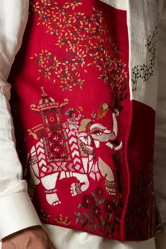 Ruby red embroidered satin kurta jacket set