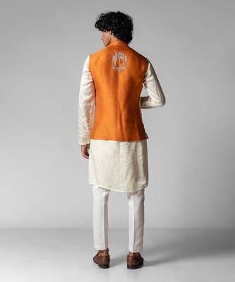 Tangy orange embroidered satin kurta jacket set 5
