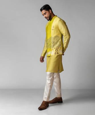 Wagle green embroidered satin kurta jacket set 2