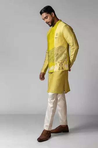 Wagle green embroidered satin kurta jacket set