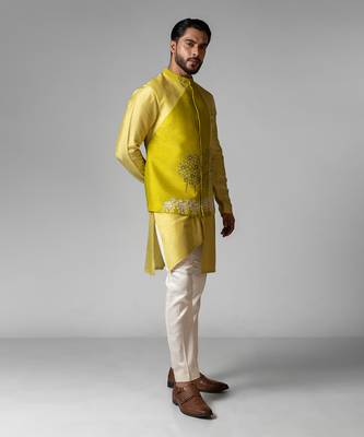 Wagle green embroidered satin kurta jacket set 3