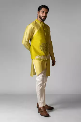 Wagle green embroidered satin kurta jacket set
