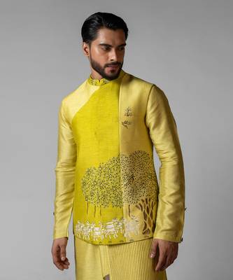 Wagle green embroidered satin kurta jacket set 4