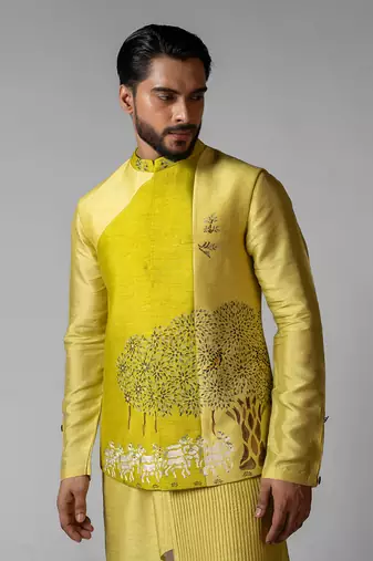 Wagle green embroidered satin kurta jacket set