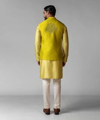 Wagle green embroidered satin kurta jacket set 5