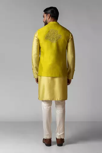 Wagle green embroidered satin kurta jacket set