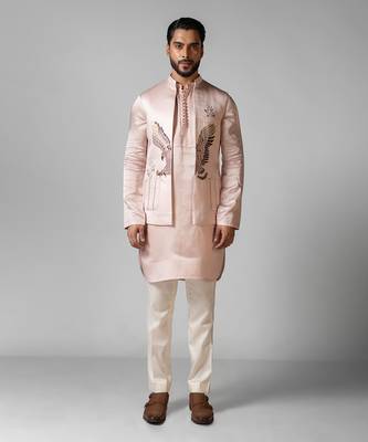 Rose pink embroidered satin kurta jacket set 1