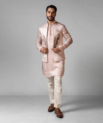 Rose pink embroidered satin kurta jacket set 2