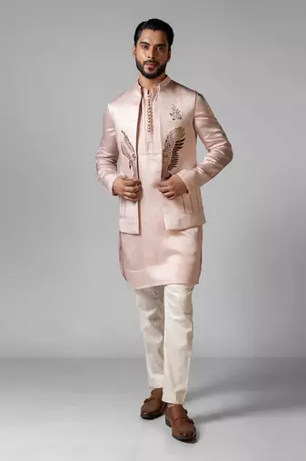 Rose pink embroidered satin kurta jacket set