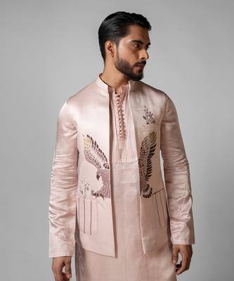 Rose pink embroidered satin kurta jacket set 3