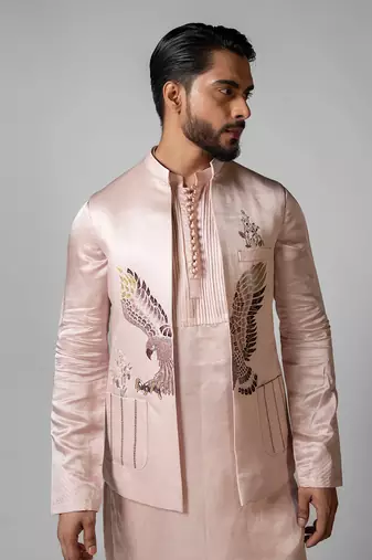 Rose pink embroidered satin kurta jacket set