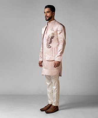 Rose pink embroidered satin kurta jacket set 4