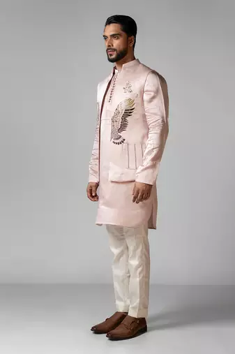 Rose pink embroidered satin kurta jacket set