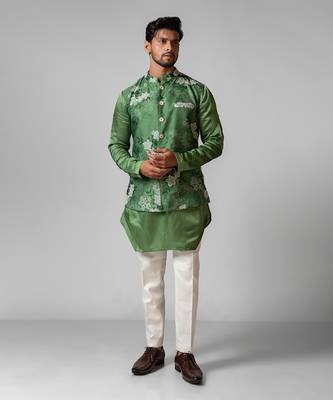 Sage green printed satin kurta jacket set 1