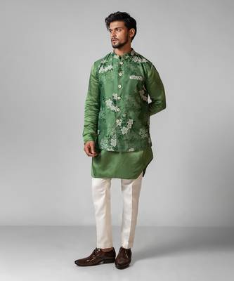 Sage green printed satin kurta jacket set 2