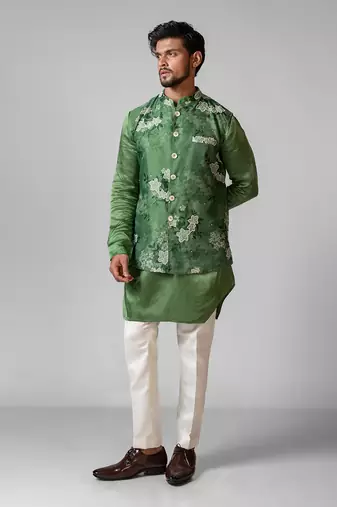 Sage green printed satin kurta jacket set
