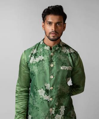 Sage green printed satin kurta jacket set 3