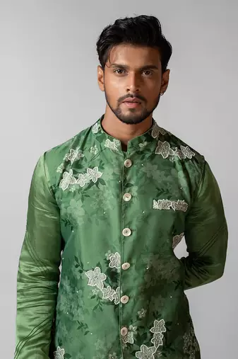 Sage green printed satin kurta jacket set