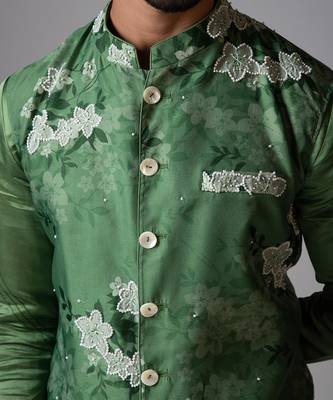 Sage green printed satin kurta jacket set 4