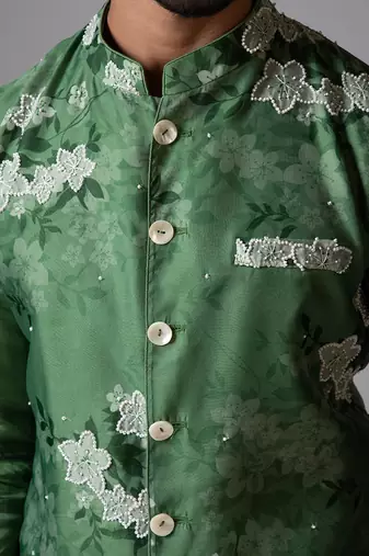 Sage green printed satin kurta jacket set