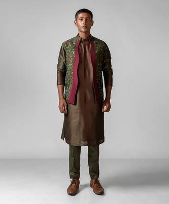 Olive green embroidered satin kurta jacket set 1