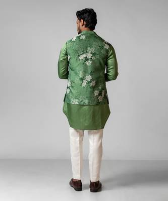 Sage green printed satin kurta jacket set 5