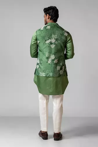 Sage green printed satin kurta jacket set