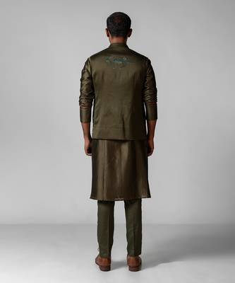 Olive green embroidered satin kurta jacket set 2