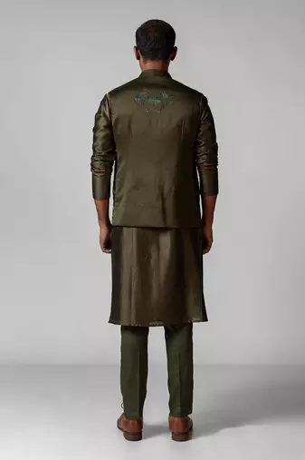 Olive green embroidered satin kurta jacket set