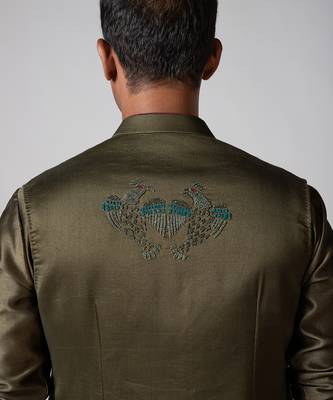 Olive green embroidered satin kurta jacket set 3