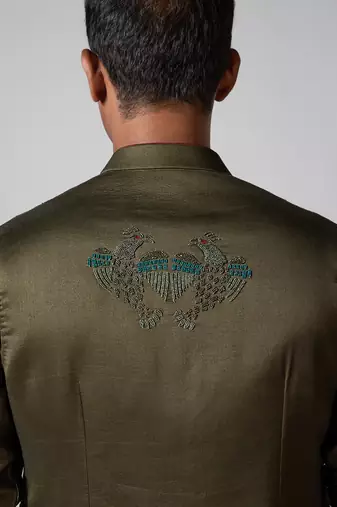 Olive green embroidered satin kurta jacket set
