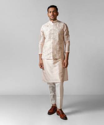 Pastel pink embroidered satin kurta jacket set 1