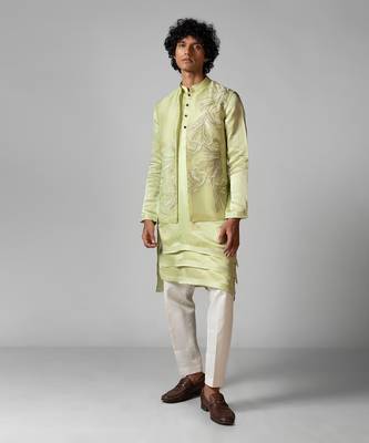 Pista green embroidered satin kurta jacket set 1