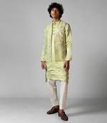 Pista green embroidered satin kurta jacket set