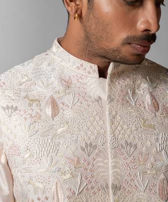 Pastel pink embroidered satin kurta jacket set 2