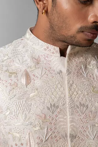 Pastel pink embroidered satin kurta jacket set