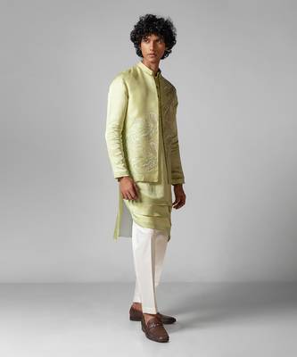 Pista green embroidered satin kurta jacket set 2