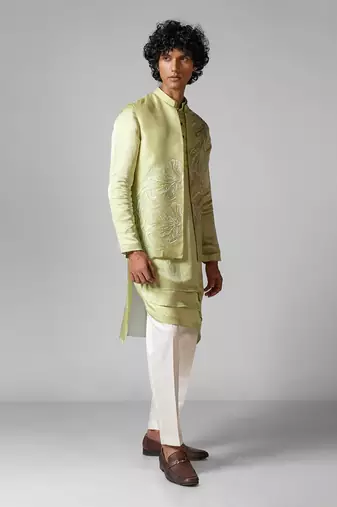 Pista green embroidered satin kurta jacket set