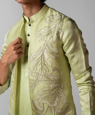 Pista green embroidered satin kurta jacket set 3