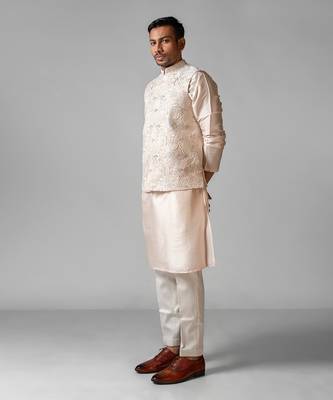 Pastel pink embroidered satin kurta jacket set 3