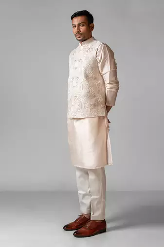 Pastel pink embroidered satin kurta jacket set