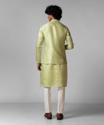 Pista green embroidered satin kurta jacket set 4