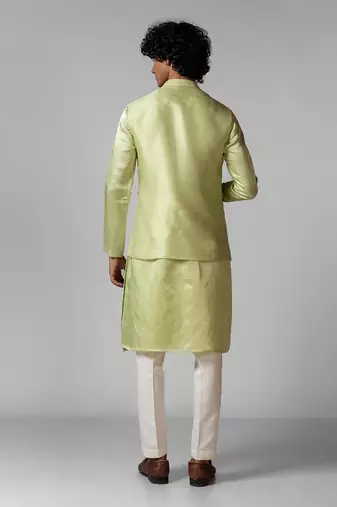 Pista green embroidered satin kurta jacket set