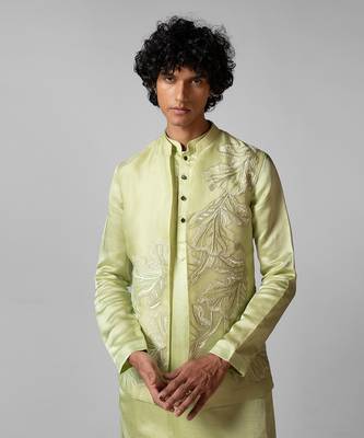 Pista green embroidered satin kurta jacket set 5