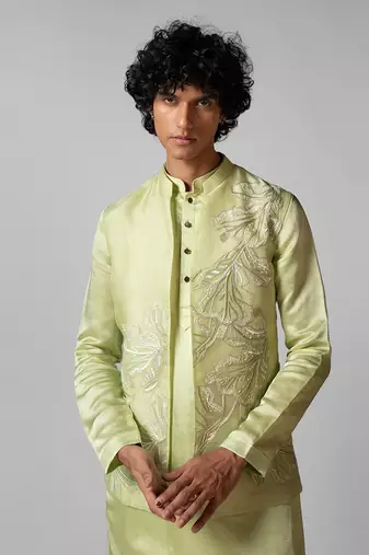 Pista green embroidered satin kurta jacket set